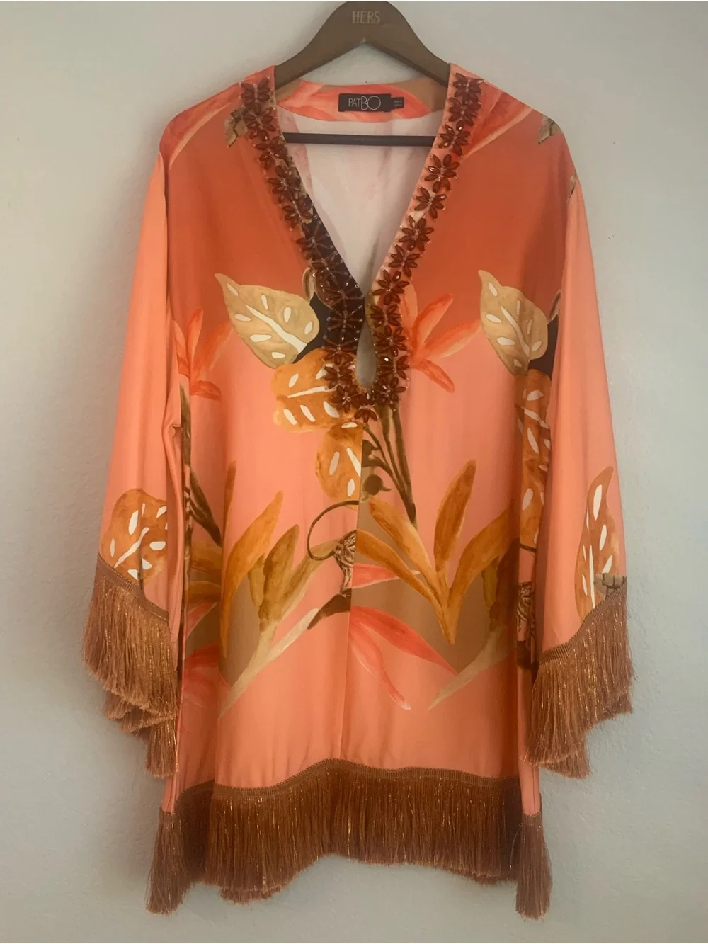 PatBO Bananier Short Coverup | Kaftan in Peach with Beaded Trim and Fringe - Picture 2 of 9